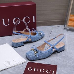 Gucci Blue GG Denim Horsebit Slingback Heels